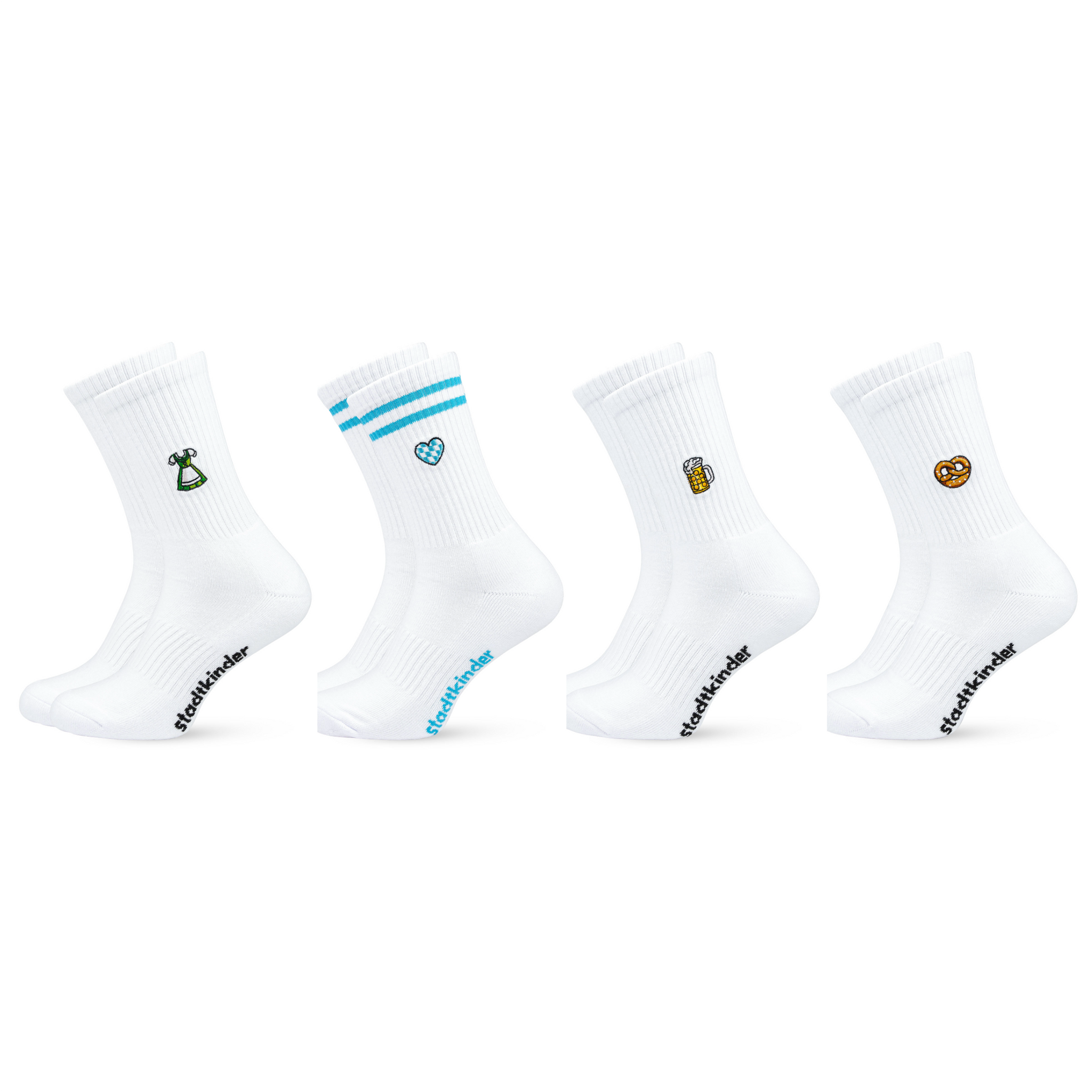 WIESN DIRNDL 4er Set Mix, Dirndl, Brezel, Bier Maßkrug, Herz, München, Sportsocken, Tennissocken, Oktoberfest