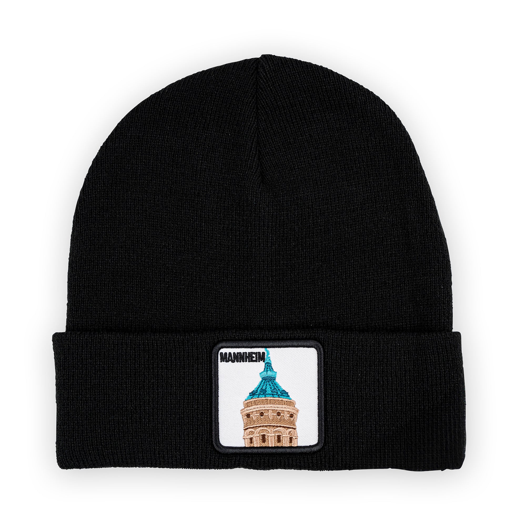 Mannheim Wasserturm Patch Beanie Bestickt, Headwear, Rib Beanie, Strickmütze