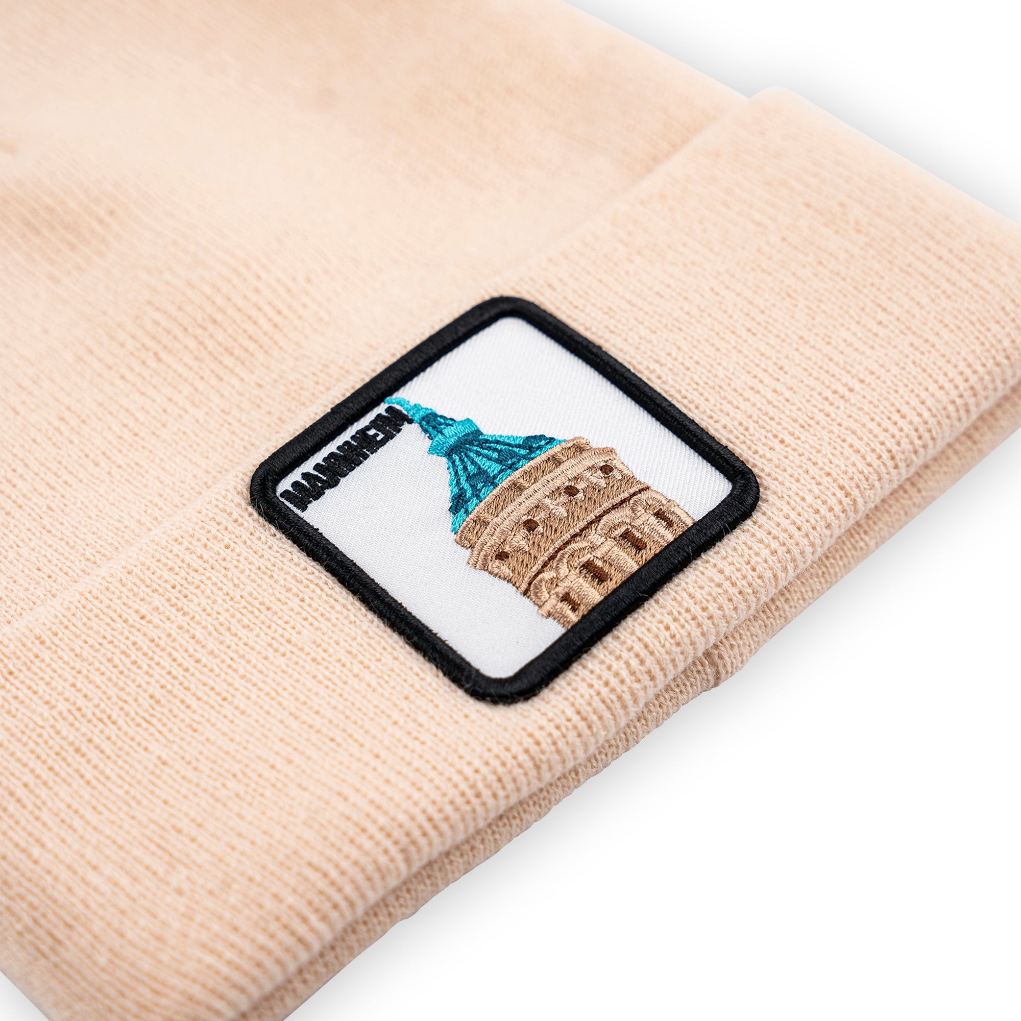 Mannheim Wasserturm Patch Beanie Bestickt, Headwear, Rib Beanie, Strickmütze
